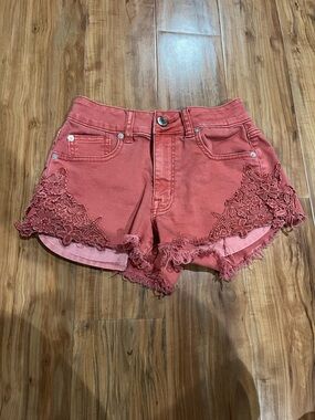 American Eagle Outfitters Light Red Lace-Trim Jean Shorts